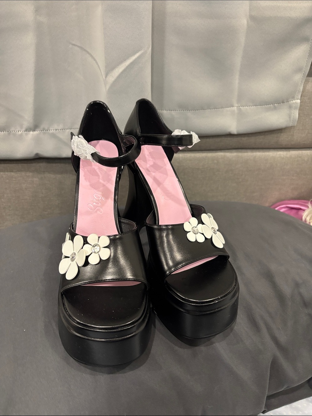Black Platform Sandals with White Floral Accent - Women